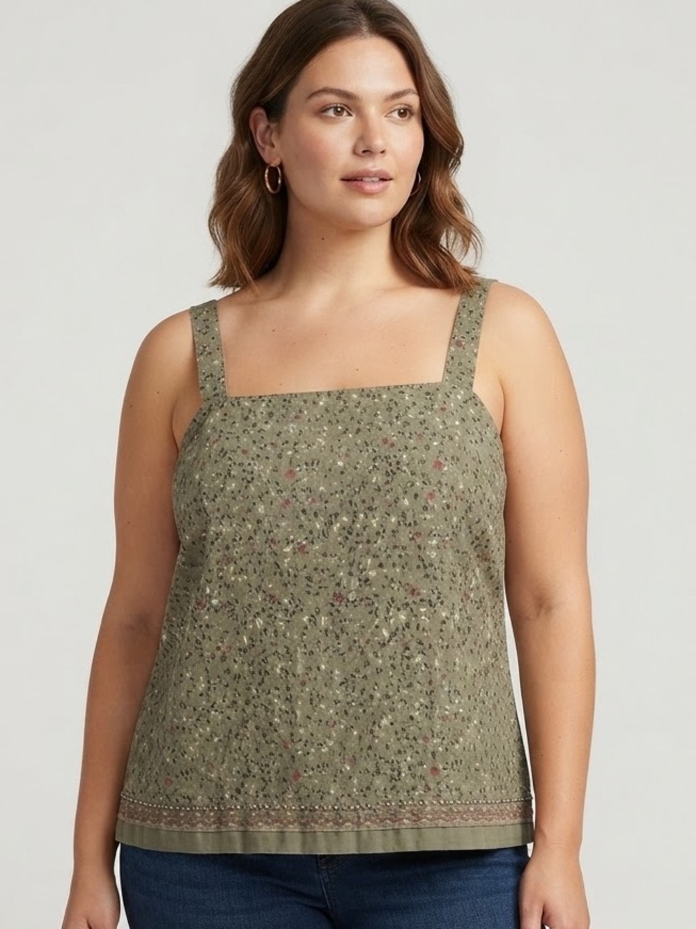 FADED GLORY Floral Square-Neck Tank Top 22W 23” p2p Moss Green Multi NWOT